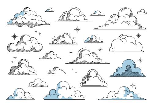 Hand-drawn collection of whimsical doodle clouds with stars and other simple celestial elements. vector