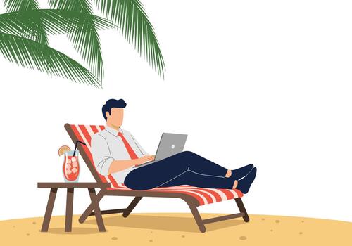 Man is relaxing and working on his laptop on a beach lounge chair under a palm tree with a drink. vector