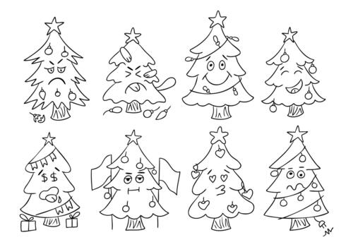 Christmas tree doodles with expressive faces and simple ornament details in a hand-drawn style. The concept conveys emotion, humor, festive mood and playful holiday character vector
