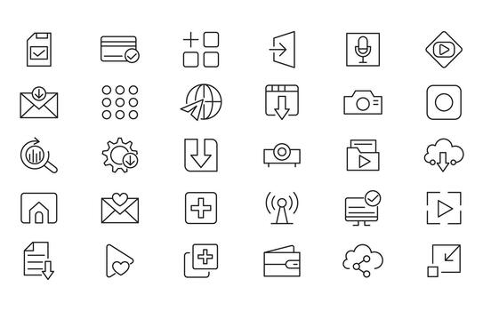 Web and App line icon set. Internet, contact information, home, phone, location, address, website, mail, fax, playback, streaming, film strip, feed, youtube line icon set. Ui thin line icon pack. vector