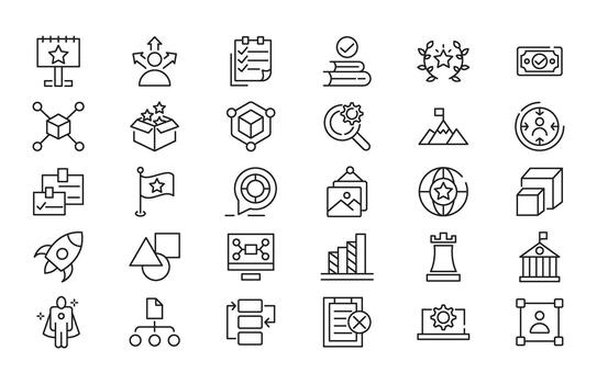 creativo negocio soluciones línea icono colocar. ideas, lluvia de ideas, soluciones, adaptabilidad, innovación, análisis, estrategia, resolución de problemas contorno íconos vector