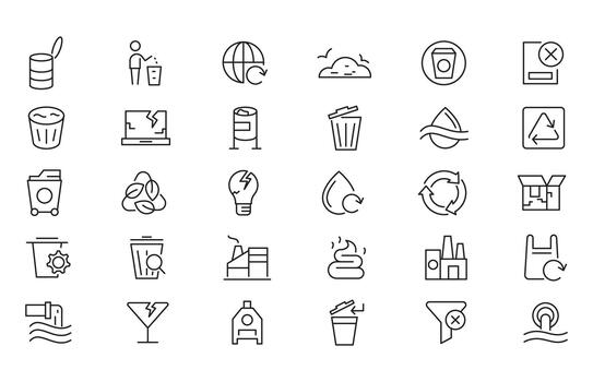 Waste and Recycling line icon set. Eco, save, reduce, reuse, plastic, glass, pollution, dump, bin, sweep, garbage outline icons vector