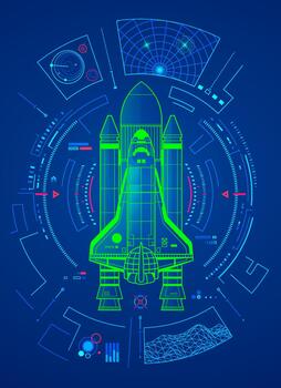 concept aerospace technology or space engineering, graphic of lined spaceship with futuristic interface vector