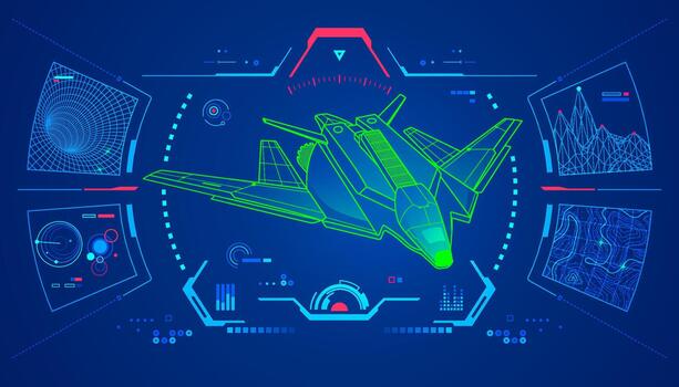 concept of aerospace engineering of space travel, graphic of lined spaceship with sci-fi interface vector