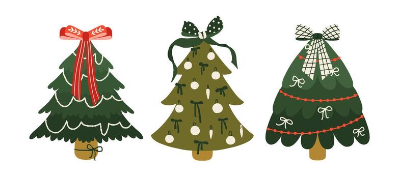 Set of Christmas tree with bow isolated on white background. Winter fir tree with decorations. Cute xmas pine tree design vector