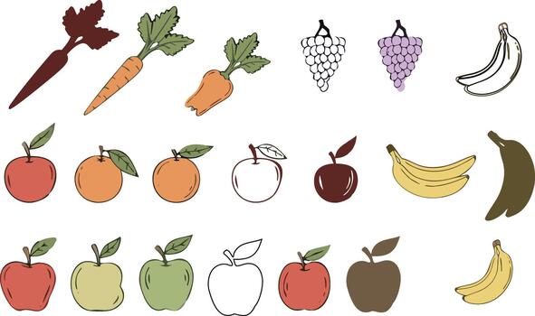 Assortment of handdrawn fruits and vegetables in various styles. vector