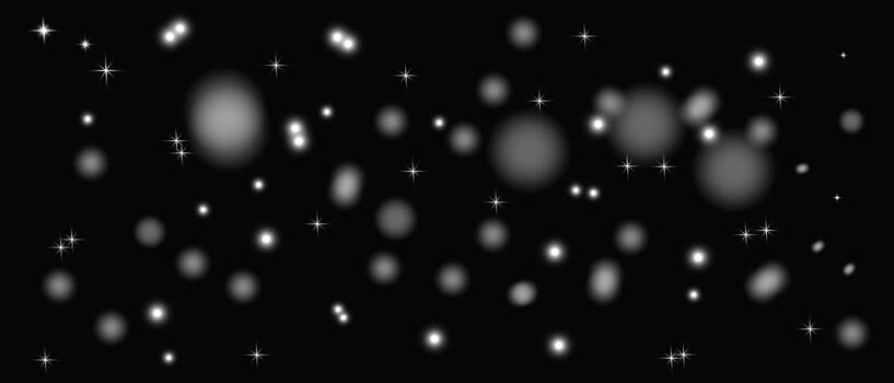 Abstract black and white bokeh lights on dark background. vector