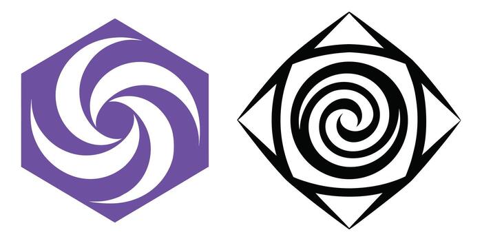 Two abstract spiral symbols in hexagon and square shapes isolated on white background, modern designs vector