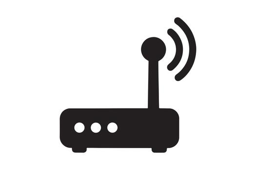 Black silhouette icon of a wireless router with an antenna broadcasting signal, isolated on white background vector