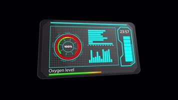 futuristic oxygen dashboard showing saturation and respiration bars, neon holographic display with pulse and lung indicators, pilot or diver reviewing breathing metrics and safety readings video