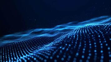 un fascinante digital paisaje de fluido luminoso partículas formando dinámica resumen olas en profundo azul movimiento, creando un elegante futurista atmósfera con suave rítmico movimiento adecuado video