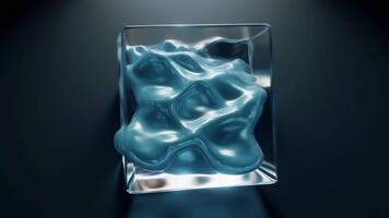 en genomskinlig flytande massa skift inuti en reflekterande kub, böjning ljus genom slät ytor som porlande texturer form ett evolving skulptur av rörelse, genomskinlighet, och overkligt digital fluiditet.x video
