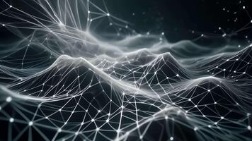 en ansluten landskap av lysande knutpunkter former ett invecklad digital terräng den där krusningar tycka om vågor, skapande en trogen strukturera av strömmande rader, skiftande höjder video