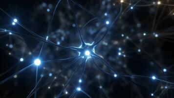 A glowing neural network of interconnected luminous nodes and branching links pulsating in deep dark space, creating a high-tech futuristic atmosphere perfect for AI visuals, digital science concepts video