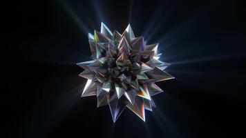 A rotating crystalline structure with metallic facets and prismatic reflections generates shifting geometric illusions forming a futuristic abstraction filled with radiant motion across digital space. video