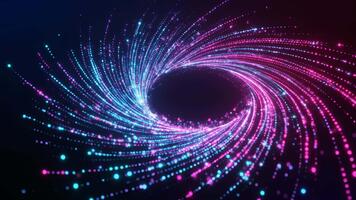 A spiraling tunnel of vibrant digital particles forms a radiant vortex of flowing neon energy, drawing the viewer into a mesmerizing visual sequence of motion, rotation, and luminous depth video