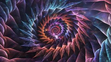 A vivid spiral of layered fractal petals rotates into a deep abstract tunnel, blending luminous gradients and shifting patterns into a mesmerizing motion that expands through surreal cosmic depth video