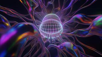 A glowing sphere radiates through swirling neon filaments, forming an abstract organism of shifting energies and fluid motion drifting across a surreal digital space filled with soft dynamic patterns. video