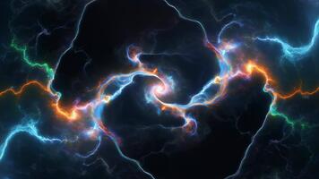 Electric streams of bright plasma energy collide and merge, forming powerful branching arcs that pulse with intensity, creating a dramatic display of dynamic illumination video