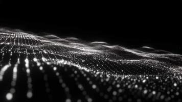 en strömmande ström av lysande partiklar rör sig tvärs över en mörk tomhet, formning en delikat digital Vinka den där går samman organisk rörelse med trogen elegans, skapande en mjuk atmosfärisk rytm video