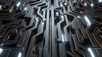 en komplex trogen strukturera av metallisk geometrisk korridorer former en skiftande labyrint av reflektioner och teknologi, skapande ett uppslukande visuell resa video