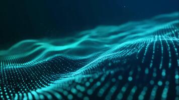 en dynamisk trogen yta av lysande partiklar formning slät rör på sig vågor i djup blå Plats, skapande en modern teknologisk atmosfär idealisk för digital animationer video