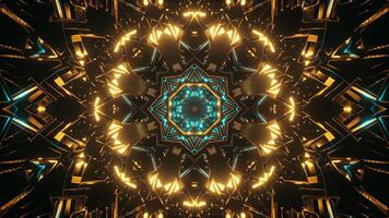 en lysande mandala av invecklad gyllene symmetri roterar med strålnings energi, formning skiftande geometrisk skikten den där bygga ut in i en fascinerande mönster av ljus, skapande en levande abstrakt visa fylld video