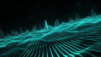 A digital grid of glowing teal lines bending into smooth flowing waves across a deep futuristic space, creating an elegant abstract technological background ideal for modern visuals, motion graphics video
