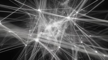 A dense web of bright intersecting lines forms an energetic digital structure filled with sharp motion, creating a dynamic futuristic network where luminous threads collide video