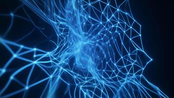 en dynamisk maska av strålnings blå filament vridning genom digital Plats, formning vätska rörelse och skapande ett evolving strukturera den där pulser med energi tvärs över ett eterisk trogen rike av glöder video