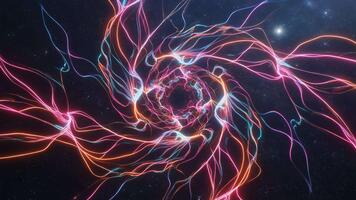 Vibrant tangled filaments swirl around a glowing core, forming dynamic streams of neon motion that twist and pulse in rhythmic waves video