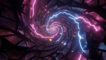 un' spirale vortice di radiante energia colpi di scena attraverso cosmico trame, mescolanza particelle e correnti in un' tunnel quello si espande con surreale movimento e trasformazione in movimento attraverso astratto spazio.nuovo video