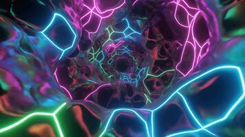 en dynamisk neon tunnel fylld med lysande abstrakt rader expanderar in i en visuellt slående digital Plats, skapande en modern energisk bakgrund idealisk för teknologi teman, trogen begrepp video