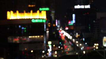 abstract city lights at night with blurred traffic and skyscraper illumination, creating a beautiful bokeh effect. Dreamy, colorful, out-of-focus background for urban and nightlife video