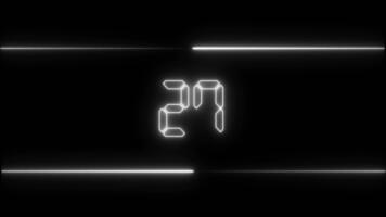 White neon countdown digital clock 30 to 0 second animation isolated on black background video