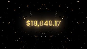 Golden number counting text from 0 to 50000 dollar with colorful confetti animation video