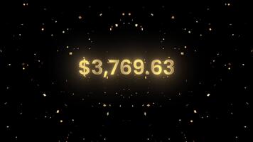 Golden number counting text from 0 to 10000 dollar with colorful confetti animation video