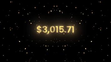 Golden number counting text from 0 to 8000 dollar with colorful confetti animation video