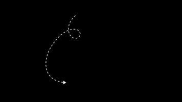 White dashed curving arrow with directional path animation isolated on black background video