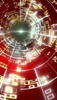 uma fantástico virtual luz túnel dentro vermelho e amarelo tons com vibrante concêntrico círculos e formas e uma brilhante central brilho. video