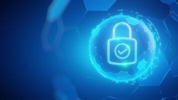 Glowing padlock icon checkmark inside futuristic polygonal sphere. Digital data security, cyber protection, internet privacy concept. Abstract blue technology background. Safe, secure network. video