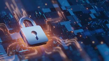 Digital padlock protecting data on abstract circuit board. Cybersecurity, network security, internet privacy, global technology concept. Secure system, information safety. video