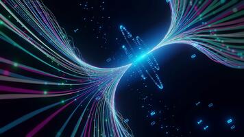 Abstract Artificial Intelligence neural network learning Big Data concept. Dynamic colorful data flow, interconnected lines, binary code. Represents modern technology, machine learning. video