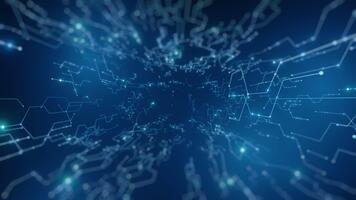 Abstract digital lines, glowing dots on deep blue background. Data flow, network connection, technology, artificial intelligence, big data concept. Modern, futuristic, high-tech design. Ideal for IT video