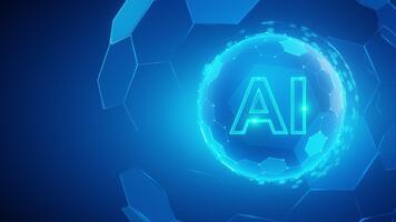 brilhando ai texto dentro futurista poligonal esfera, azul fundo. representa artificial inteligência, máquina aprendizado, dados, inovação, digital tecnologia, futuro. conceito para isto, Informática video