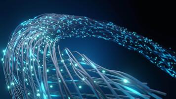 Abstract fiber optic cables carrying glowing data points. Represents high-speed internet, modern communication, digital network technology, global connectivity, fast data flow. Modern tech background. video