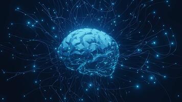 digital cerebro con brillante azul neural conexiones en oscuro antecedentes. representa ai, máquina aprendiendo, tecnología, inteligencia, innovación, red, datos fluir. ideal para ciencia, informática, futuro video