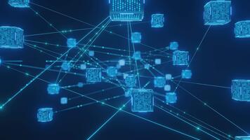abstrakt blockchain nätverk begrepp. lysande digital data block ansluten. representerar kryptovaluta, decentraliserad teknologi, global nätverk, modern finansiera, data utbyta video
