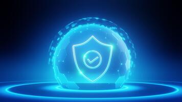 Glowing blue shield with checkmark inside digital sphere, hexagonal grid. Represents cybersecurity, data protection, network safety, secure healthcare, insurance concept. Technology, privacy video