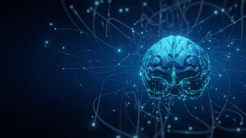 Abstract digital brain glowing blue neural connections dark background. Represents AI, machine learning, technology, data, intelligence, innovation, science. Ideal for tech, health, future concepts video